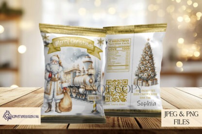 Santa Express Train Crisp Packet Design Set featuring 5 festive designs with Santa and his train at the North Pole Station, ideal for customisable treat packets.