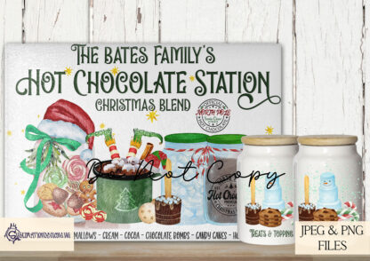 Green Themed Hot Chocolate Station Design Set featuring 6 designs, including an A4 family name option and 5 matching designs for mugs and jars. Ideal for festive crafting and gifting.