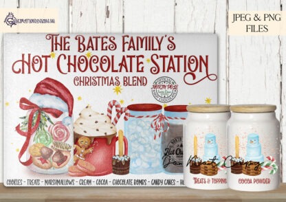 Red Themed Hot Chocolate Station Design Set featuring 6 designs, including an A4 family name option and 5 matching designs for mugs and jars. Ideal for festive crafting and gifting.