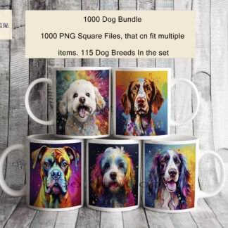 Vibrant Dog Bundle featuring over 1000 dog designs in PNG format, ideal for creative projects with various dog breeds.