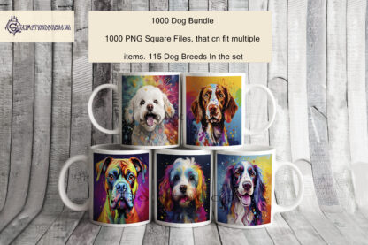 Vibrant Dog Bundle featuring over 1000 dog designs in PNG format, ideal for creative projects with various dog breeds.