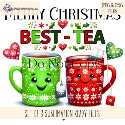 Merry Christmas Best-Tea Design Set featuring whimsical tea mugs in festive colours, ideal for coasters, mugs, and holiday gifts.