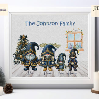 Navy Blue and Gold Glitzy Christmas Gnome Family Clip Art Design Set featuring 37 elements, including adult and child gnomes, alphabet letters, and a Christmas tree. Ideal for family-themed sublimation projects and holiday gifts.