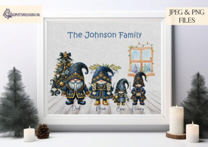 Navy Blue and Gold Glitzy Christmas Gnome Family Clip Art Design Set featuring 37 elements, including adult and child gnomes, alphabet letters, and a Christmas tree. Ideal for family-themed sublimation projects and holiday gifts.