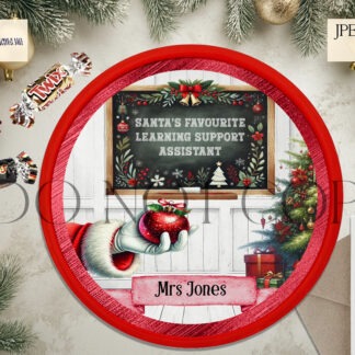 Christmas Teacher Tub Topper Design Set featuring Santa with a bauble and textless chalkboard, perfect for personalised teacher gifts in colours matching Christmas tubs.