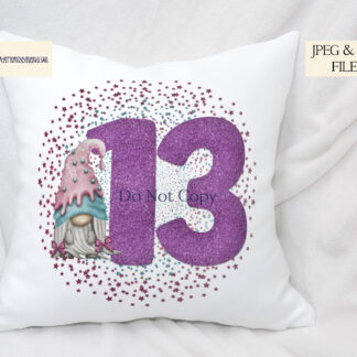 Gonk Gnome Glitter Birthday Designs featuring 16 resizeable milestone numbers in blue and pink with glitter and gonk gnomes, ideal for personalised birthday products.