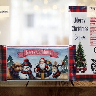 Tartan Santa and Friends Design Set featuring a chocolate bar packet and Santa Stop Here door hangers with Santa, a snowman, Highland cow, and reindeer.