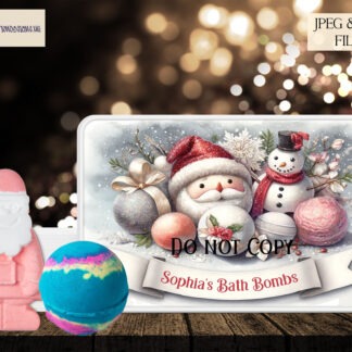 Christmas Bath Bomb Design Set featuring Santa, snowman, polar bear, and unicorn themes, perfect for sublimation tins with personalised message options.