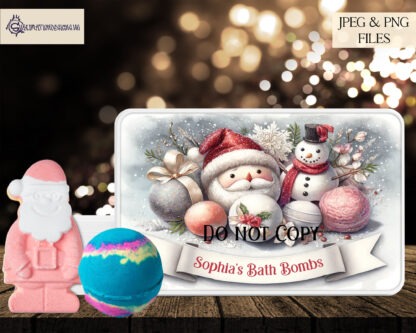 Christmas Bath Bomb Design Set featuring Santa, snowman, polar bear, and unicorn themes, perfect for sublimation tins with personalised message options.