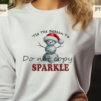 'Tis The Season To Sparkle Disco Ball Snowman Design featuring a snowman made of disco balls in red, green, silver, gold, blue, and pink variations.