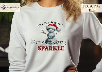 'Tis The Season To Sparkle Disco Ball Snowman Design featuring a snowman made of disco balls in red, green, silver, gold, blue, and pink variations.