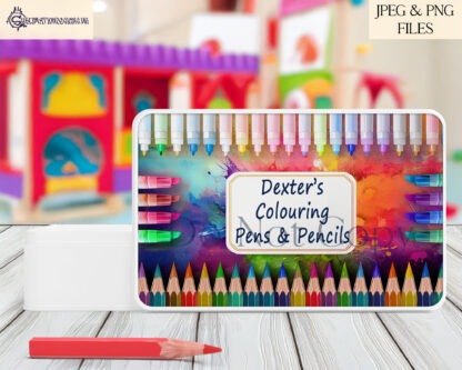 Pen and Pencil Sublimation Tin Design Set featuring customisable space for name or message, ideal for A4-sized tins for stationery organisation.