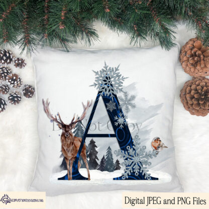 Elegant Winter Animal Alphabet in Navy Blue, featuring 26 letters with winter animal compositions, ideal for baubles, mugs, and seasonal décor.