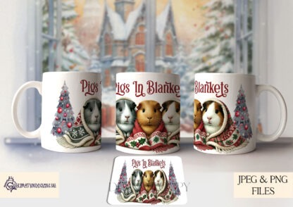 Guinea Pigs In Blankets Mug Wrap Design Set featuring festive guinea pigs in blankets with red and green "Pigs in Blankets" wording.