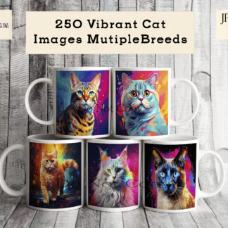 Vibrant Cat Bundle featuring 250 cat designs across multiple breeds, perfect for creative projects with a wide variety of feline illustrations.