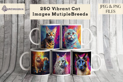 Vibrant Cat Bundle featuring 250 cat designs across multiple breeds, perfect for creative projects with a wide variety of feline illustrations.