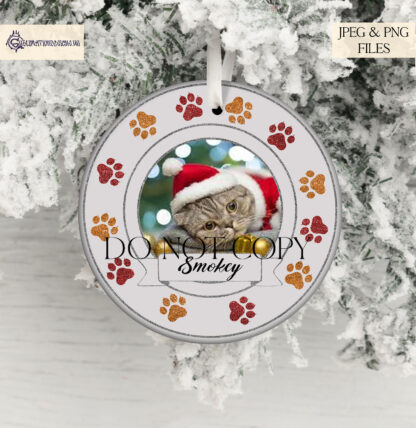 Christmas Cat Bauble Sublimation Design Set featuring 10 vibrant colour options for creating personalised cat ornaments with customisable name and photo banners.