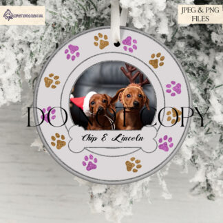 Christmas Dog Bauble Sublimation Design Set featuring 10 vibrant colour options for creating personalised dog ornaments with customisable name and photo banners.