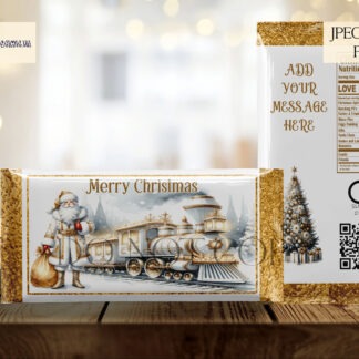 Christmas Santa Train Chocolate Bar Sleeves featuring 6 festive designs for 100g chocolate bars, with space for a personalised message on the back.