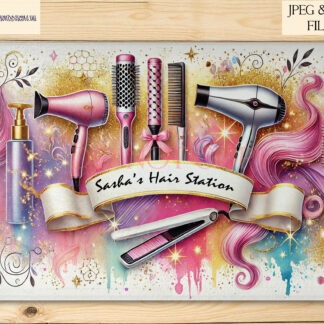 Glitzy Hair Station Design Set featuring vibrant and pastel glitzy designs with beauty accessories like hair straighteners and curling tongs, perfect for personalisation.