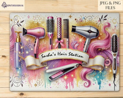 Glitzy Hair Station Design Set featuring vibrant and pastel glitzy designs with beauty accessories like hair straighteners and curling tongs, perfect for personalisation.