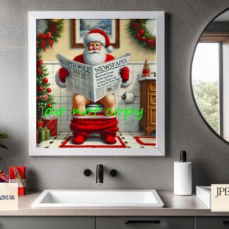 Santa’s Toilet Humour Comedy Design Set featuring Santa, Mrs Claus, and a reindeer sitting on the toilet with newspapers, perfect for Christmas wall art.