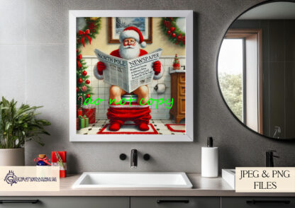 Santa’s Toilet Humour Comedy Design Set featuring Santa, Mrs Claus, and a reindeer sitting on the toilet with newspapers, perfect for Christmas wall art.