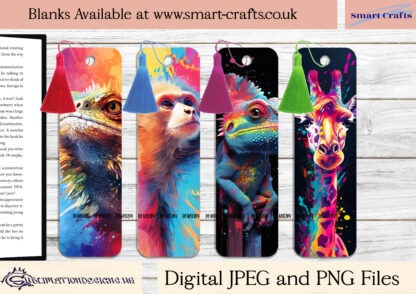 Vibrant Animal Paint Splash Bookmark Bundle featuring 103 designs of animals like tigers, lions, and dragonflies in a unique paint splash effect.