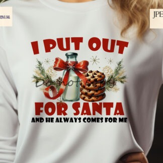 I Put Out For Santa Comedy Design Set featuring humorous Christmas designs with milk bottles, cookies, and playful adult-themed wording.