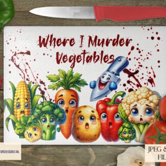 Vegetable Murder Board Comedy Kitchen Designs featuring shocked vegetable characters and sinister chef's knives for chopping boards.