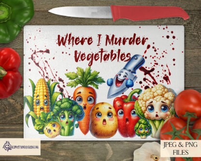 Vegetable Murder Board Comedy Kitchen Designs featuring shocked vegetable characters and sinister chef's knives for chopping boards.