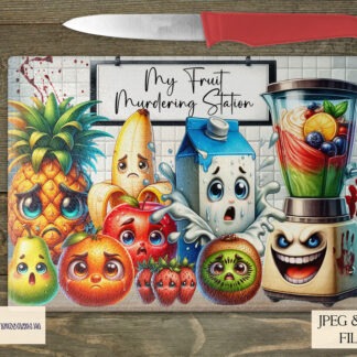 Fruit Murder Station Comedy Kitchen Design featuring 5 completed A4 designs with shocked fruit characters and a sinister blender.