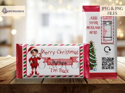 Elf Chocolate Bar Wrappers Set featuring boy and girl elf designs, ideal for festive 100g chocolate bar gifts and naughty elf arrival surprises.