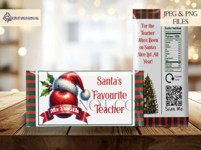 Christmas Teacher Chocolate Bar Wrapper Set featuring festive designs for teachers, including an apple, desk, and chalkboard themes.