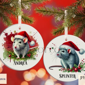 Christmas Domestic Rats Design Set featuring 7 different coloured rats wearing Santa hats, perfect for festive baubles and gifts.