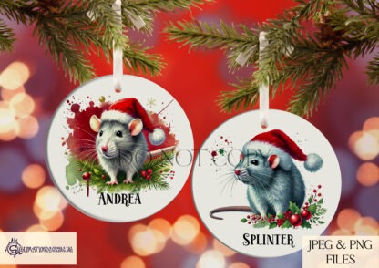 Christmas Domestic Rats Design Set featuring 7 different coloured rats wearing Santa hats, perfect for festive baubles and gifts.