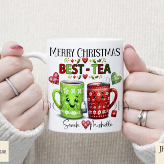 Merry Christmas Best-Tea Design Set featuring whimsical tea mugs in festive colours, ideal for coasters, mugs, and holiday gifts.