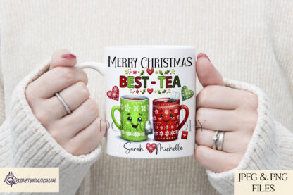 Merry Christmas Best-Tea Design Set featuring whimsical tea mugs in festive colours, ideal for coasters, mugs, and holiday gifts.