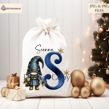 Navy Blue and Gold Glitzy Christmas Gnome Family Clip Art Design Set featuring 37 elements, including adult and child gnomes, alphabet letters, and a Christmas tree. Ideal for family-themed sublimation projects and holiday gifts.