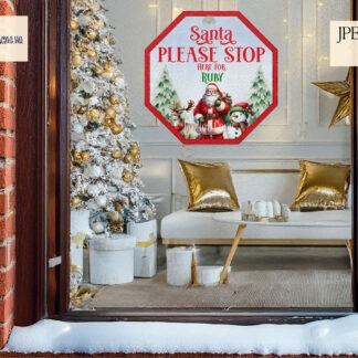 Santa Please Stop Here Design Set featuring A4 and hexagon-shaped designs with blue and white backgrounds. Includes space to add a child’s name. Perfect for sublimation on TL Blanks and aluminium sheets.