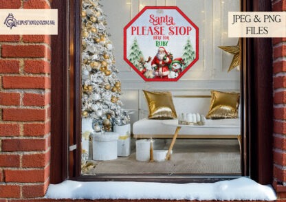 Santa Please Stop Here Design Set featuring A4 and hexagon-shaped designs with blue and white backgrounds. Includes space to add a child’s name. Perfect for sublimation on TL Blanks and aluminium sheets.