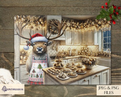 Christmas Kitchen Animal Designs Set featuring reindeer and highland cow chefs in a festive white and gold kitchen, ideal for chopping boards and holiday décor.