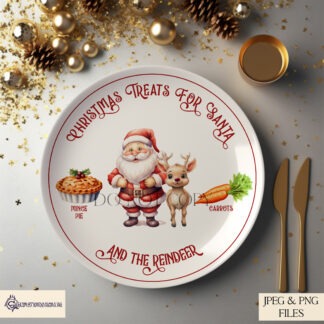 Treats for Santa and the Reindeer Design Set featuring exclusive artwork of Santa, reindeer, mince pie, and carrots. Includes square, round, and rectangular designs for Christmas Eve traditions.