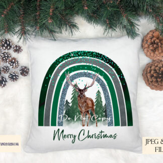 Winter Animal Green Rainbow Design Set featuring 10 designs of winter animals under a forest green glitzy rainbow. Includes stags, robins, foxes, and penguins. Ideal for Christmas crafting and gifts.