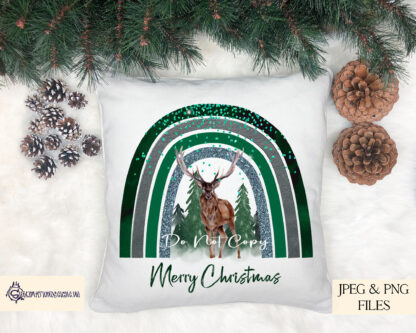 Winter Animal Green Rainbow Design Set featuring 10 designs of winter animals under a forest green glitzy rainbow. Includes stags, robins, foxes, and penguins. Ideal for Christmas crafting and gifts.