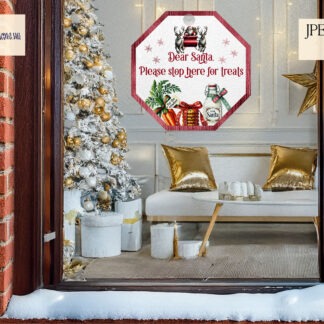 Santa Please Stop Here for Treats Design Set featuring 3 hexagonal designs in red, green, and gold. Includes a blue sky background option. Ideal for TL Blanks and Christmas décor.