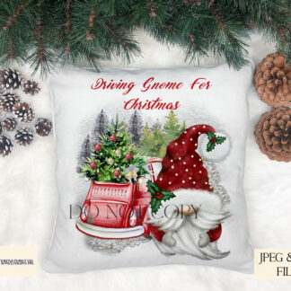 Driving Gnome for Christmas Design Set featuring 7 variations of gonk gnomes with or without text, standing beside a car with a Christmas tree. Ideal for baubles, cushions, and mugs.