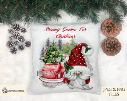 Driving Gnome for Christmas Design Set featuring 7 variations of gonk gnomes with or without text, standing beside a car with a Christmas tree. Ideal for baubles, cushions, and mugs.