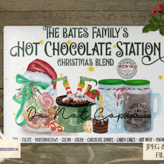 Green Themed Hot Chocolate Station Design Set featuring 6 designs, including an A4 family name option and 5 matching designs for mugs and jars. Ideal for festive crafting and gifting.