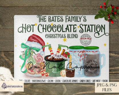 Green Themed Hot Chocolate Station Design Set featuring 6 designs, including an A4 family name option and 5 matching designs for mugs and jars. Ideal for festive crafting and gifting.